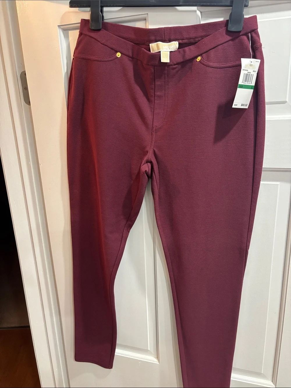 Michael Kors Burgundy Ponte Slim Leg Pants with Gold Studs